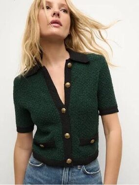 Veronica Beard Marie Tweed Cardigan XS Pine Black Knit Jacket Luxe Preppy